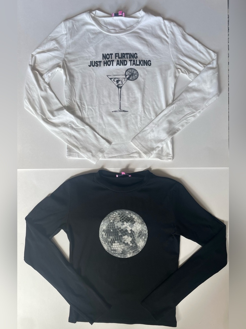 Edikted White Long-Sleeve Graphic Tee & Black Long-Sleeve Disco Tee